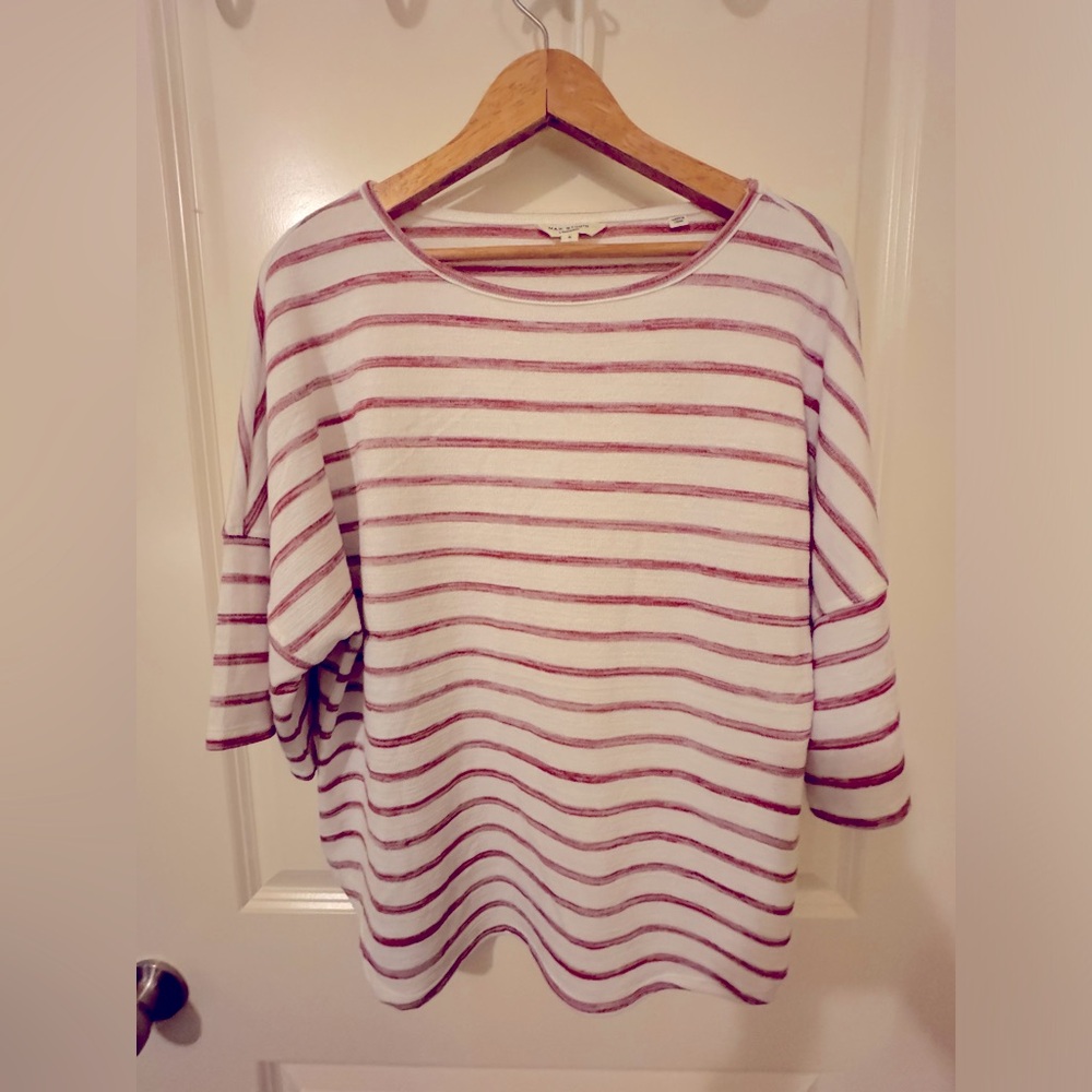 Max Studio London Striped 3/4 Sleeve Shirt in Ivory and Garnet.